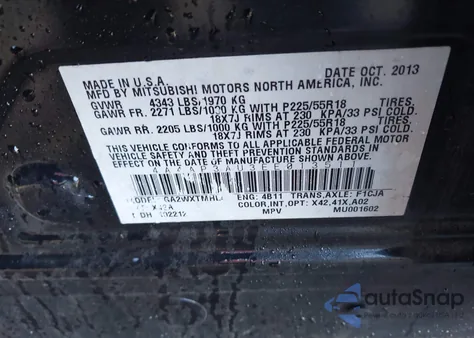 2014 Mitsubishi Outlander Sport Es z USA, uszkodzony, nr VIN 4A4AP3AU3EE013511